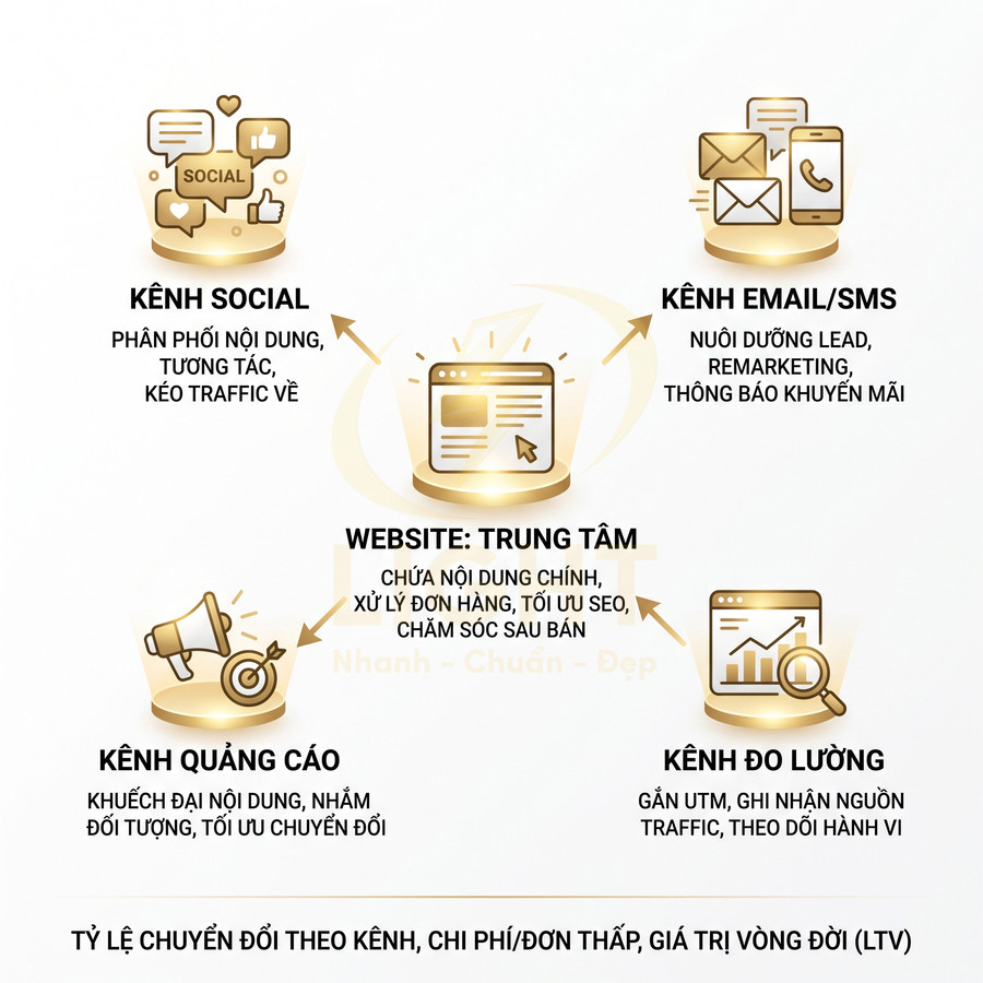 Mô hình marketing đa kênh với website làm trung tâm, kết nối social, email SMS, quảng cáo và kênh đo lường