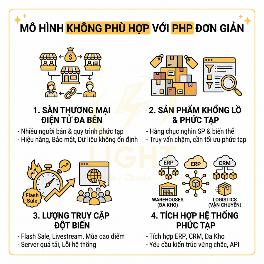 Mô hình web không phù hợp với PHP đơn giản gồm sàn thương mại điện tử đa bên, sản phẩm phức tạp, truy cập đột biến, tích hợp hệ thống