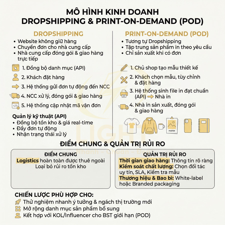 Mô hình kinh doanh dropshipping và print on demand POD so sánh quy trình, điểm chung và quản trị rủi ro