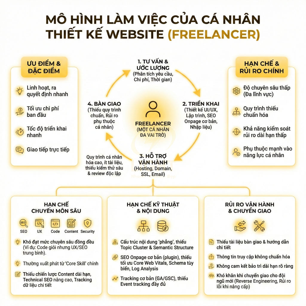 Mô hình làm việc của freelancer thiết kế website với ưu điểm, hạn chế, rủi ro và quy trình 4 bước
