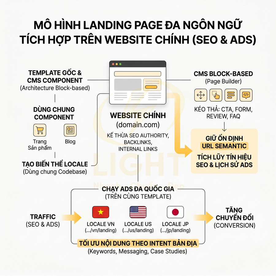 Mô hình landing page đa ngôn ngữ tích hợp website chính để tối ưu SEO, ads và tăng chuyển đổi theo từng quốc gia
