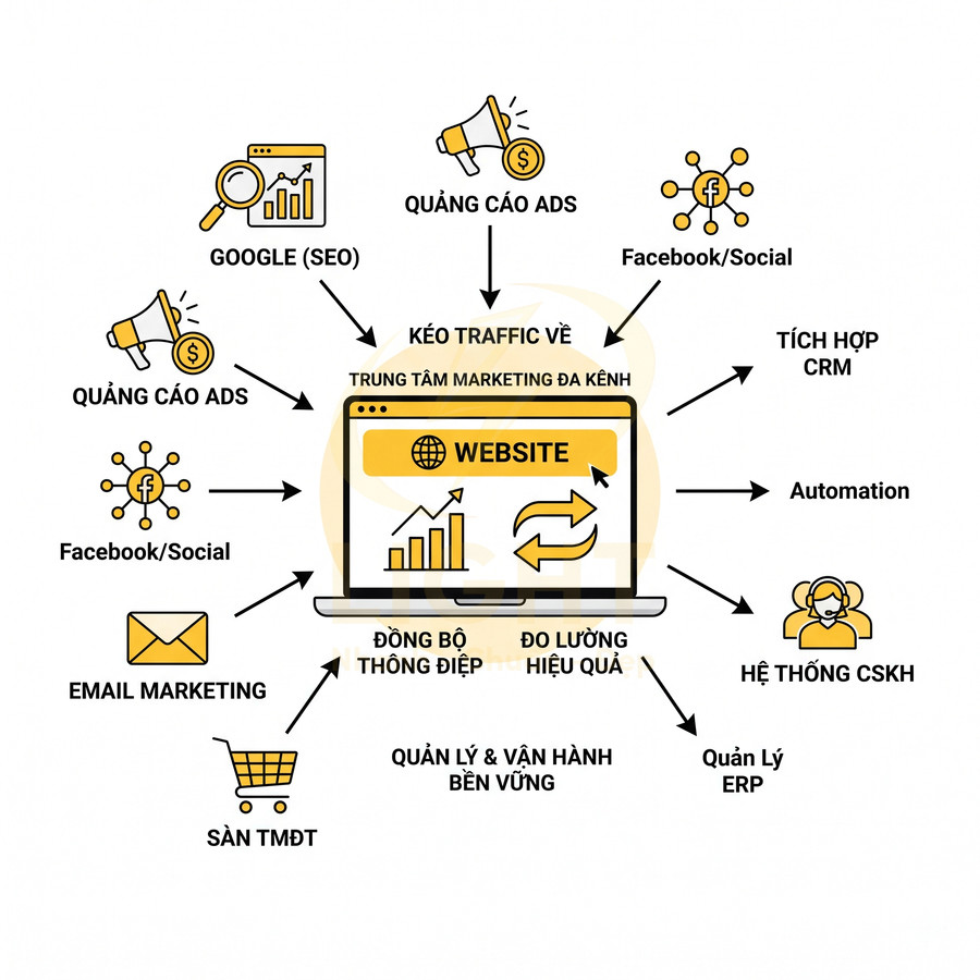 Mô hình website là trung tâm marketing đa kênh kết nối SEO, quảng cáo, social, email, sàn thương mại điện tử