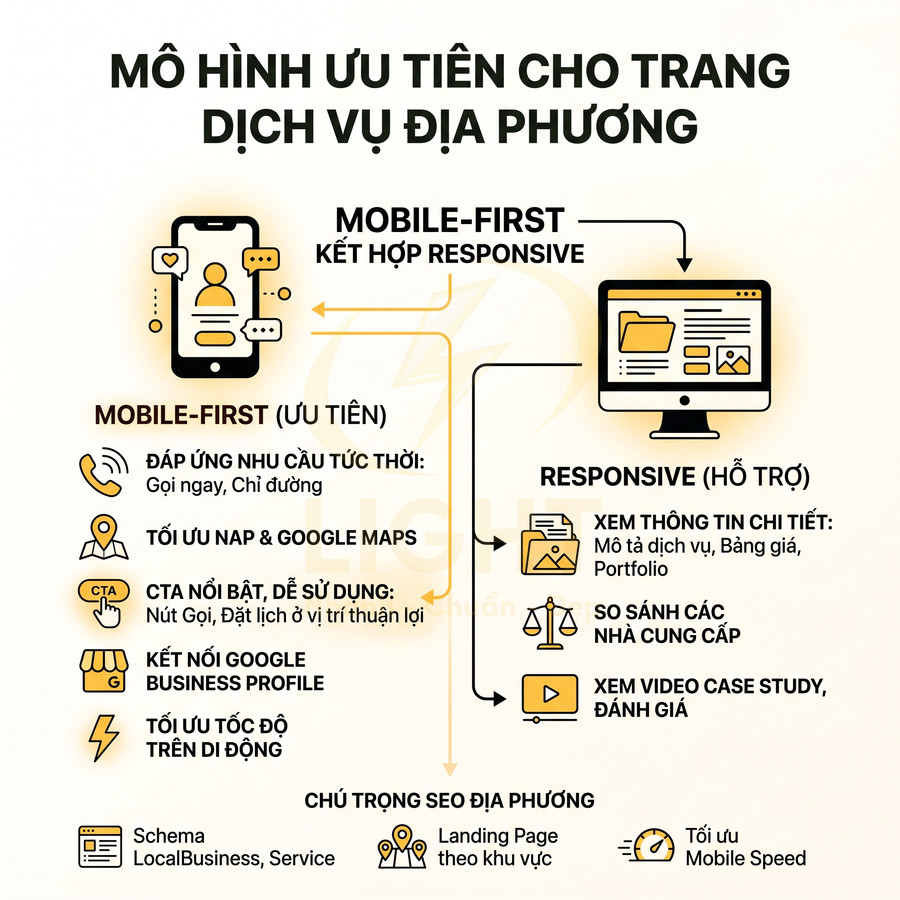 Mô hình mobile first kết hợp responsive cho trang dịch vụ địa phương, tối ưu SEO và trải nghiệm trên di động