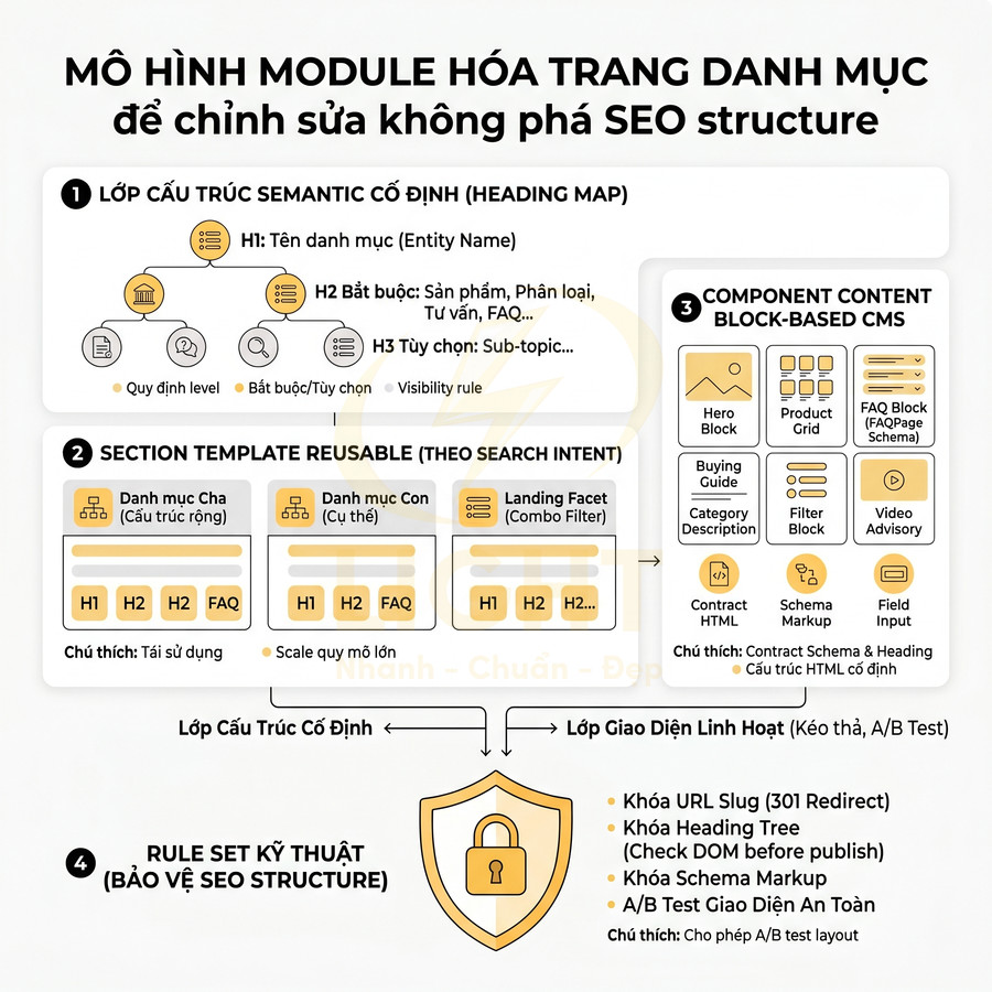 Mô hình module hóa trang danh mục với heading map, section template và block CMS để tối ưu và bảo vệ SEO structure