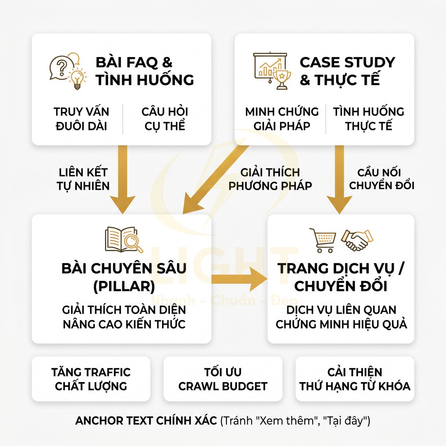 Sơ đồ chiến lược nội dung SEO với bài FAQ, case study, bài pillar và trang dịch vụ chuyển đổi