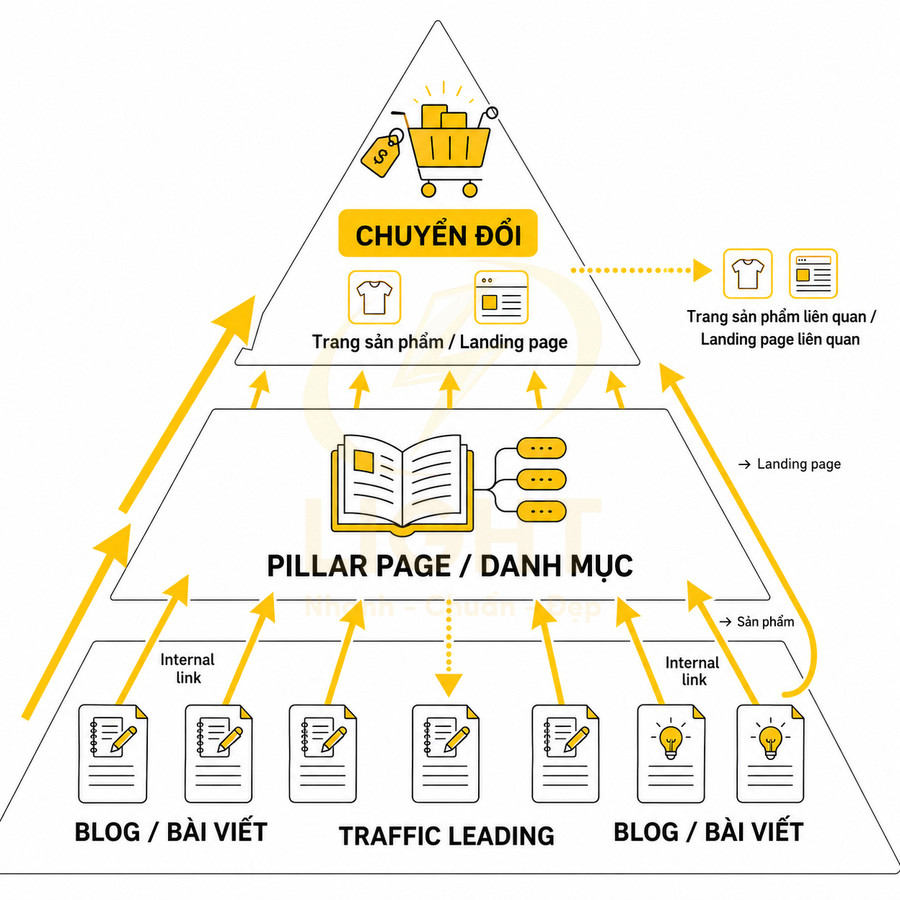 Mô hình content pillar page dẫn traffic từ blog đến trang sản phẩm và landing page để tăng chuyển đổi mua hàng