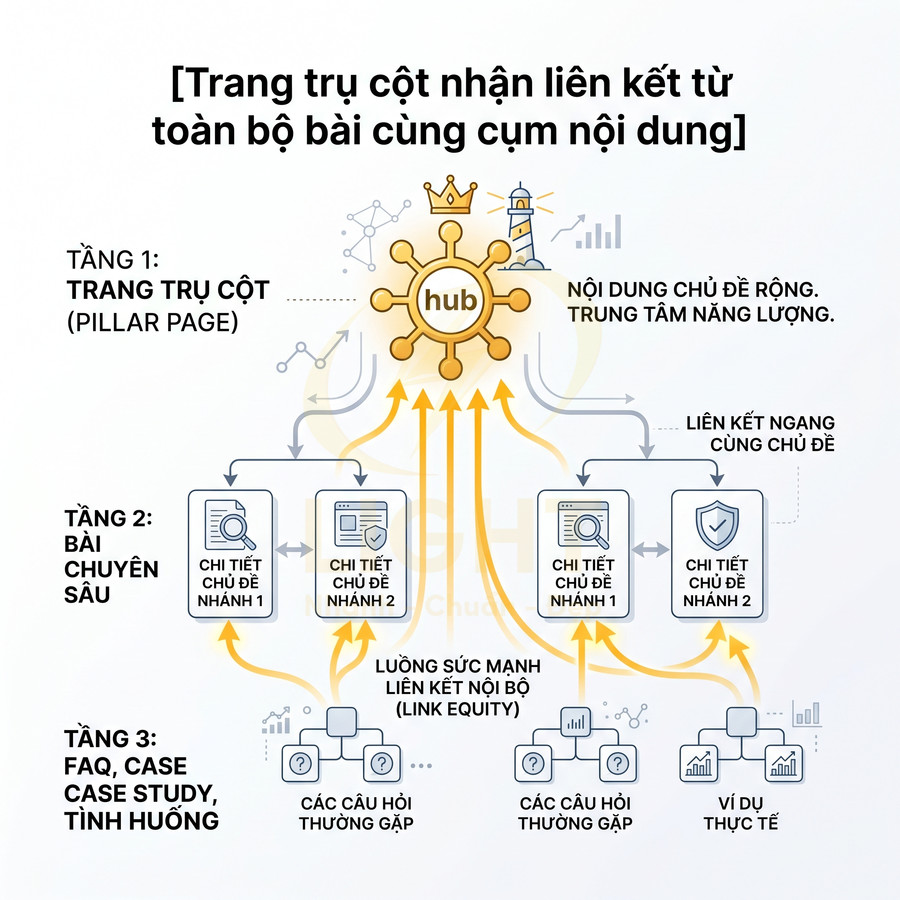 Mô hình cấu trúc nội dung pillar page với hub trung tâm và các bài viết nhánh, FAQ, case study liên kết nội bộ
