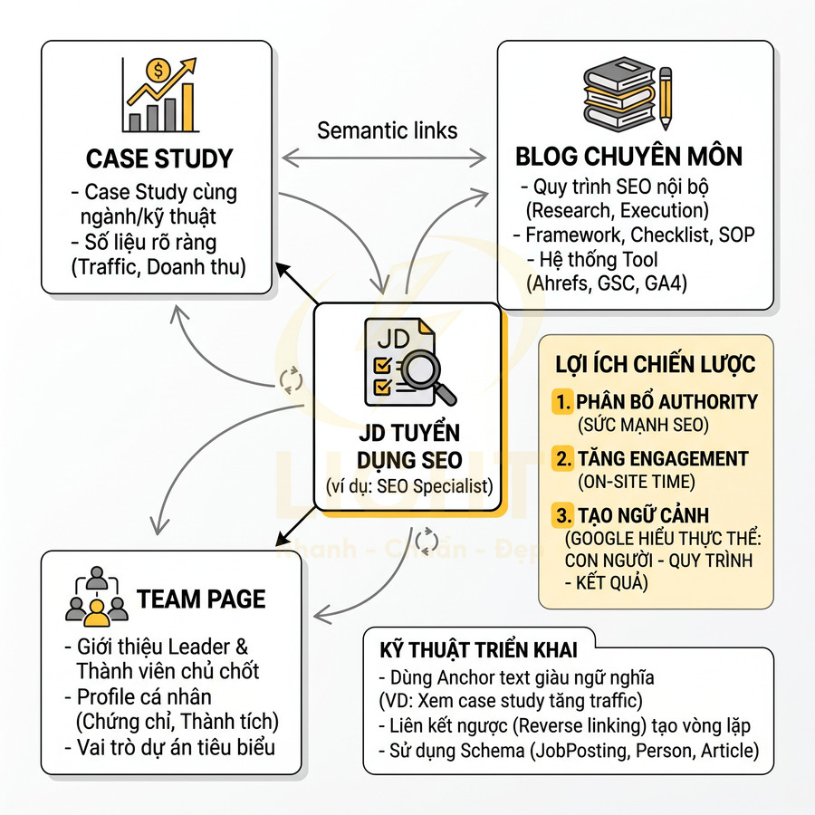 Sơ đồ liên kết semantic links giữa JD tuyển dụng SEO, case study, blog chuyên môn, team page và kỹ thuật triển khai