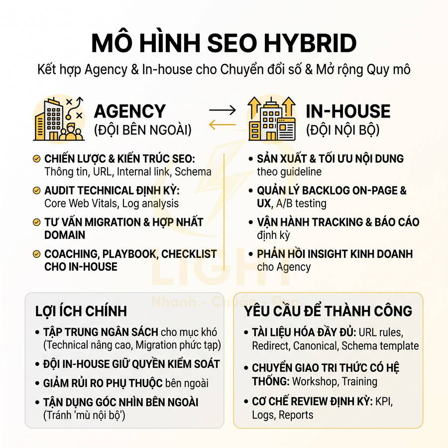 Mô hình SEO Hybrid kết hợp Agency và In-house với nhiệm vụ, lợi ích và yêu cầu triển khai chi tiết