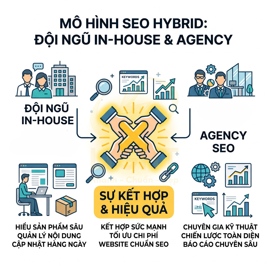 Mô hình SEO hybrid kết hợp đội ngũ in-house và agency tối ưu chi phí và hiệu quả chiến lược SEO