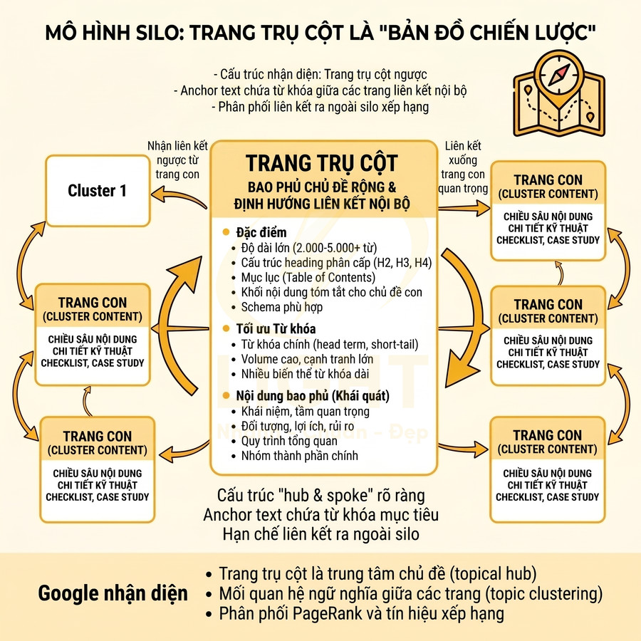 Mô hình silo SEO với trang trụ cột ở giữa và các trang con cluster content liên kết nội bộ xung quanh