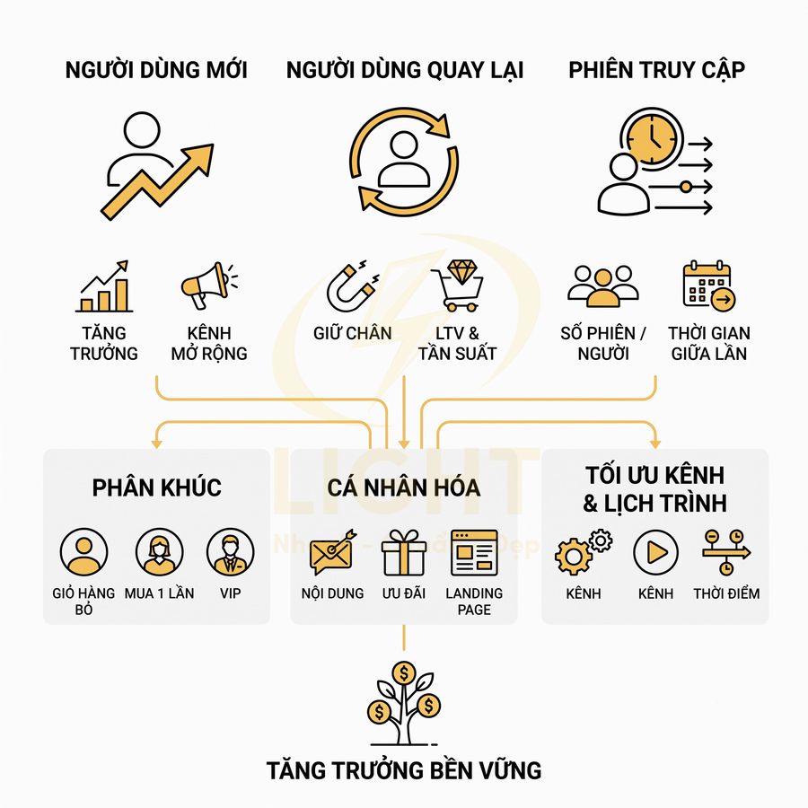 Sơ đồ chiến lược marketing tăng trưởng bền vững với phân khúc, cá nhân hóa và tối ưu kênh truy cập