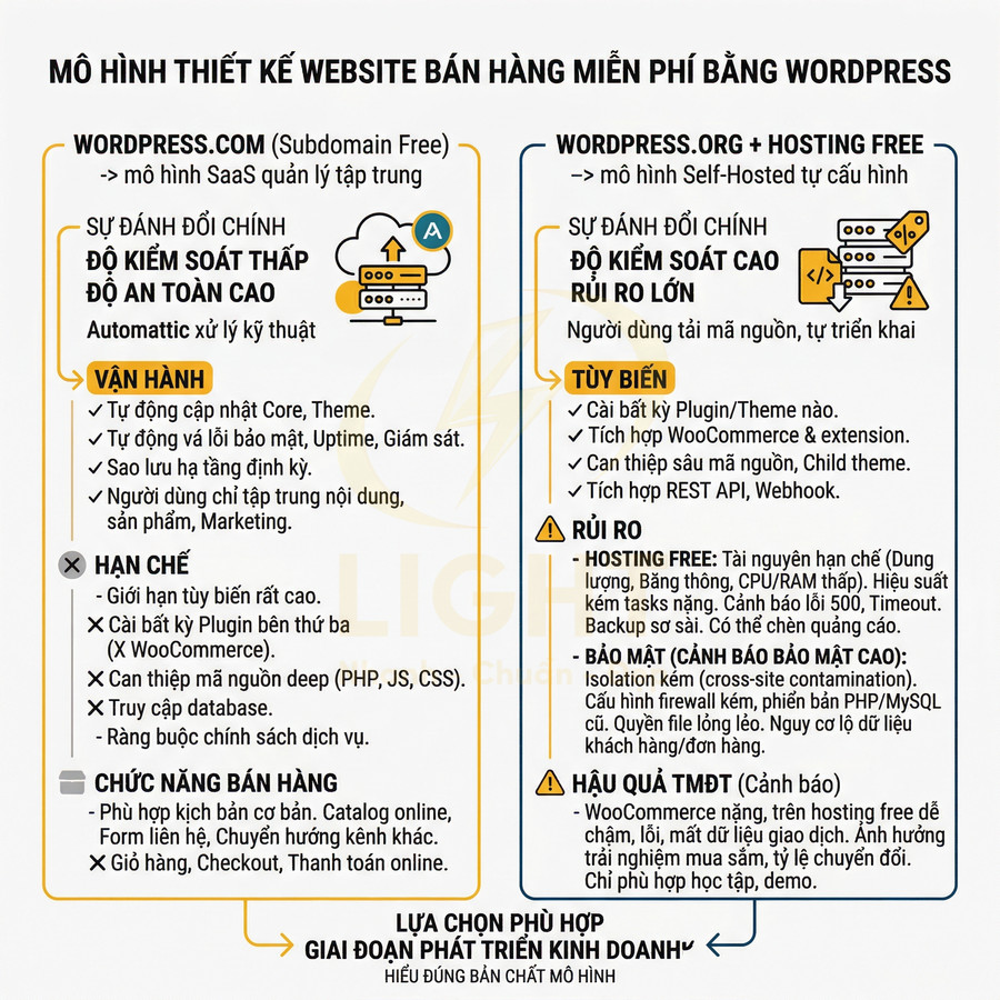So sánh mô hình thiết kế website bán hàng miễn phí bằng WordPress.com và WordPress.org trên infographic tiếng Việt