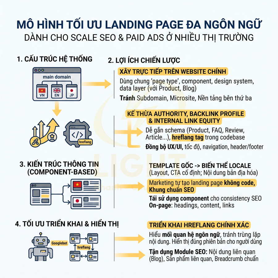 Mô hình tối ưu landing page đa ngôn ngữ cho SEO và quảng cáo trả phí với cấu trúc, kiến trúc thông tin và hreflang
