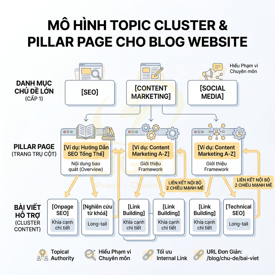 Mô hình topic cluster và pillar page cho blog website với các chủ đề SEO, content marketing, social media