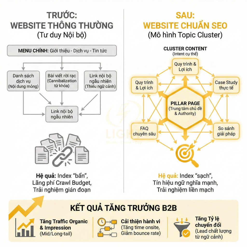 So sánh cấu trúc website thông thường và website chuẩn SEO theo mô hình topic cluster cho doanh nghiệp B2B
