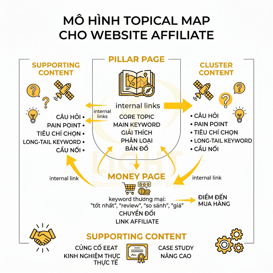 Mô hình topical map cho website affiliate với pillar page, cluster content và money page liên kết internal links