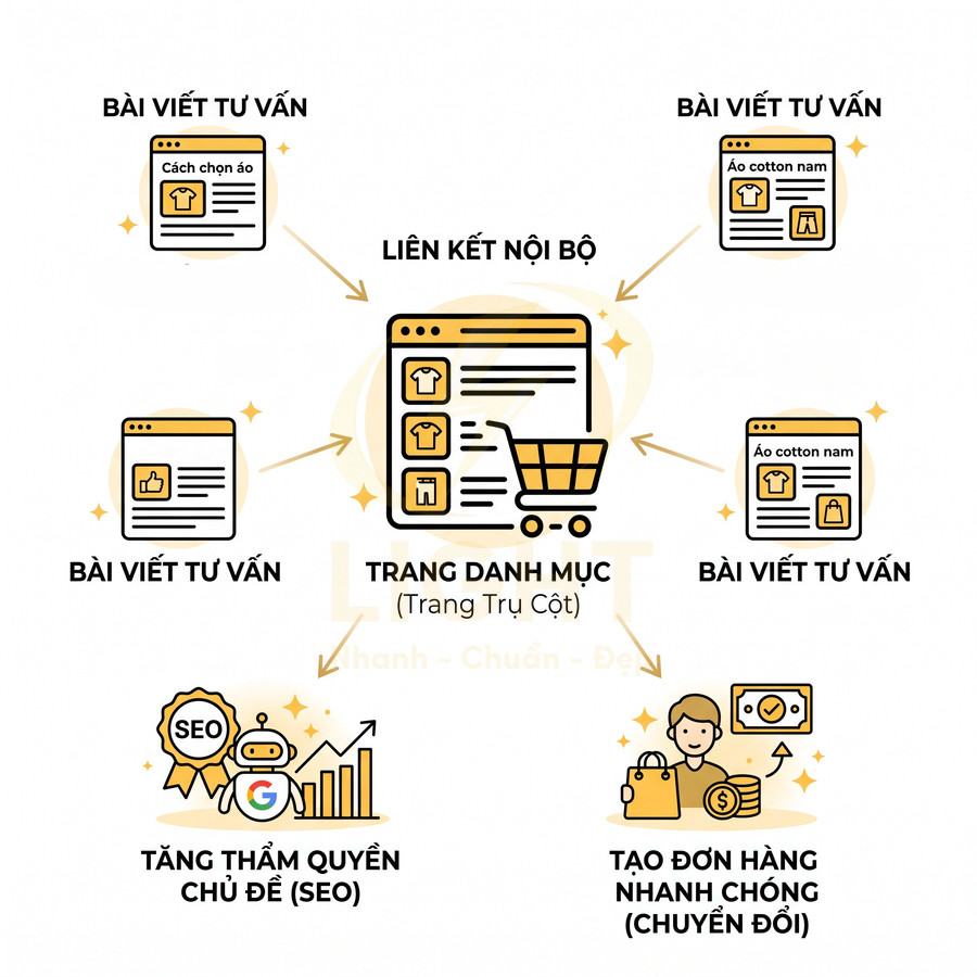 Mô hình liên kết nội bộ từ bài viết tư vấn đến trang danh mục sản phẩm áo thun giúp tăng SEO và chuyển đổi đơn hàng