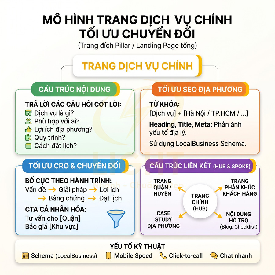 Mô hình tối ưu trang dịch vụ chính tăng chuyển đổi với cấu trúc nội dung, SEO địa phương, CRO và liên kết hub and spoke