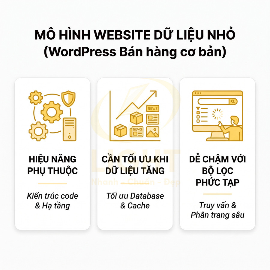 Mô hình website dữ liệu nhỏ WordPress bán hàng cơ bản với các lưu ý về hiệu năng và tối ưu dữ liệu