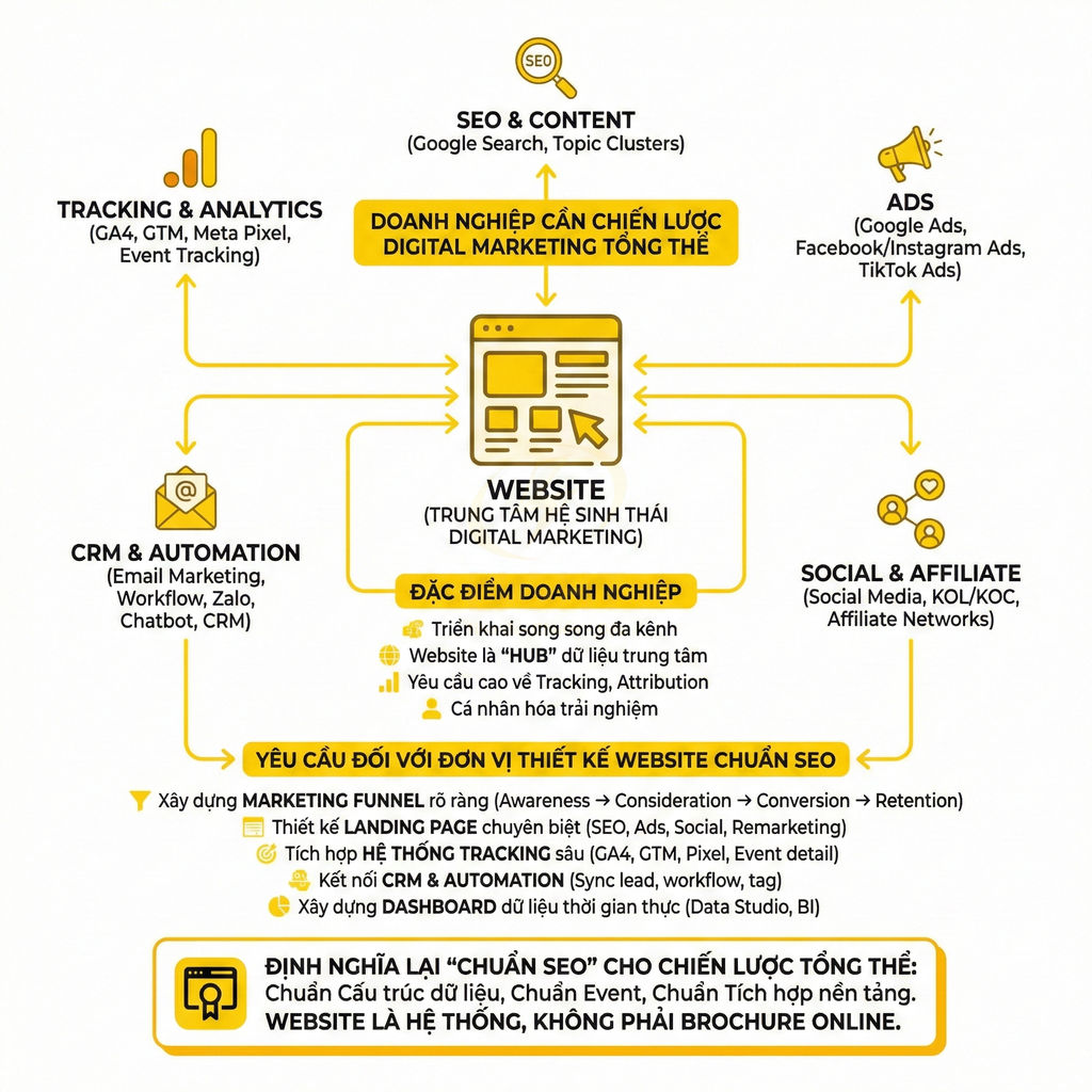 Mô hình website làm trung tâm chiến lược digital marketing tổng thể với SEO, ads, social, CRM và tracking