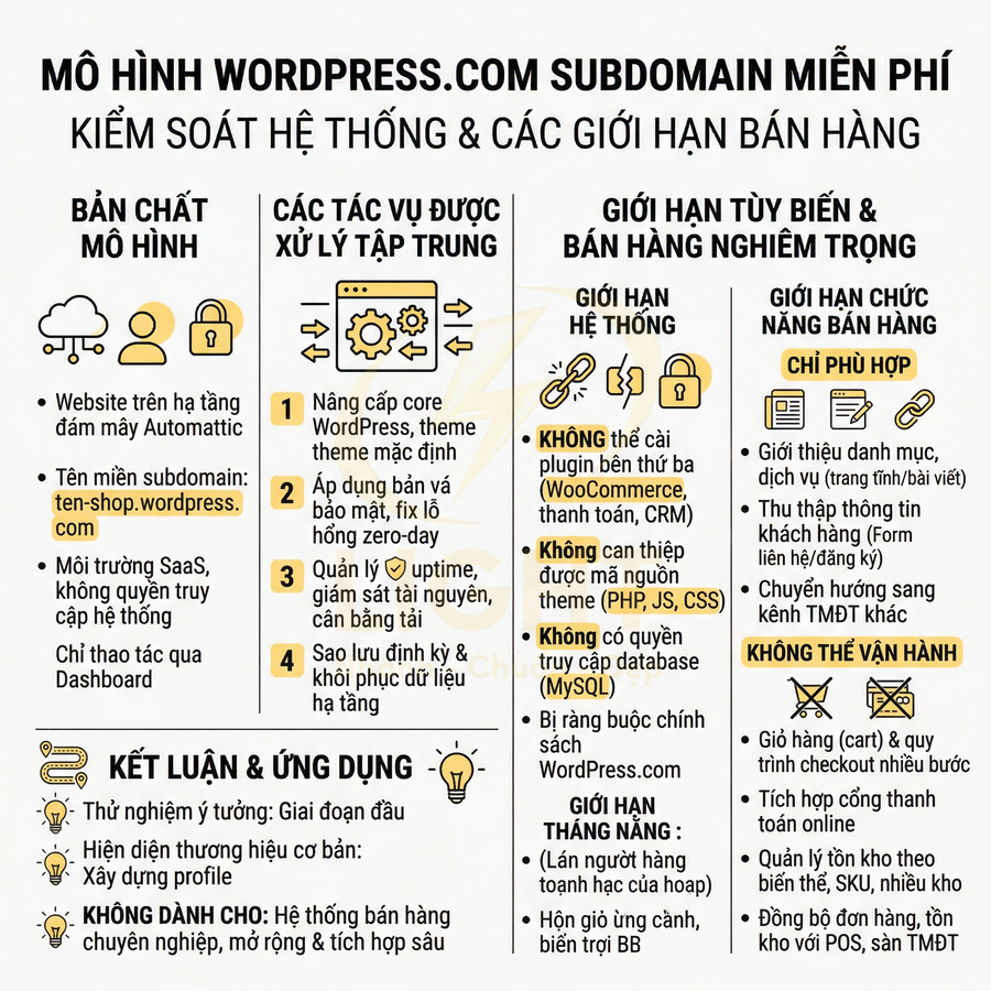 Mô hình website bán hàng dùng subdomain WordPress.com miễn phí và các giới hạn tùy biến, chức năng thương mại điện tử
