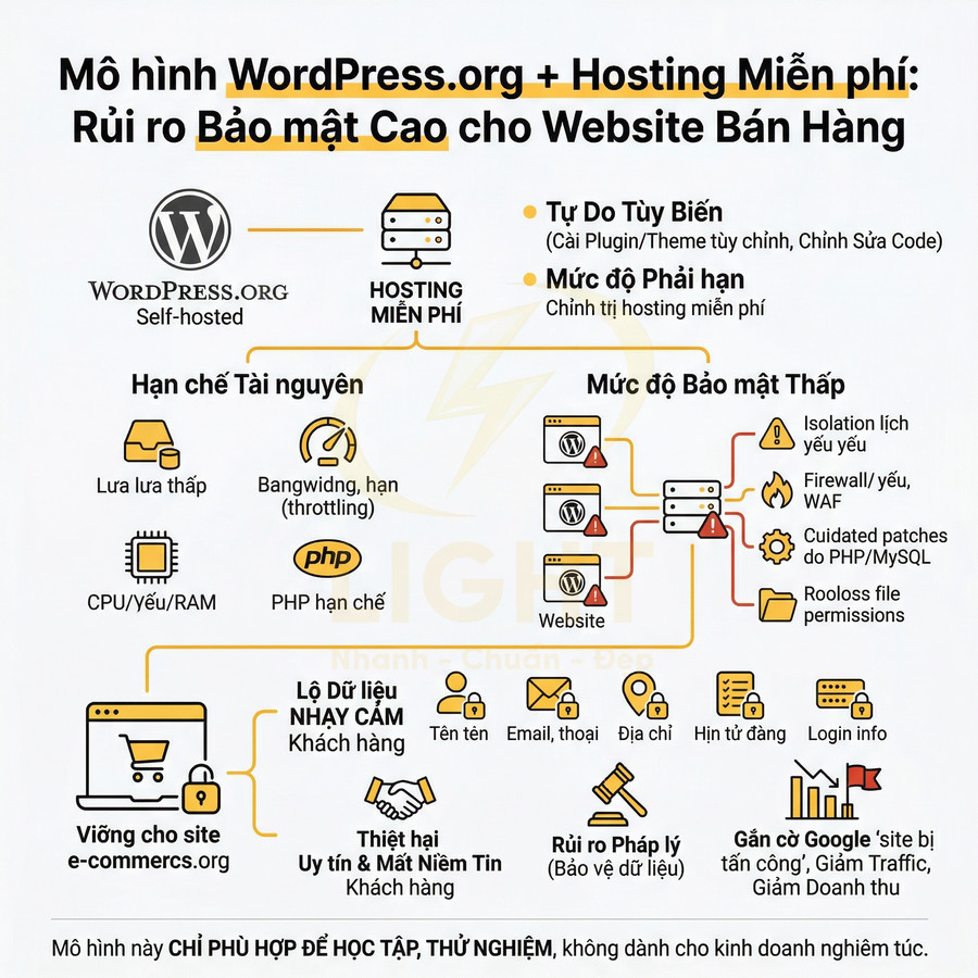 Mô hình WordPress.org dùng hosting miễn phí với tài nguyên hạn chế và bảo mật thấp, rủi ro cao cho website bán hàng