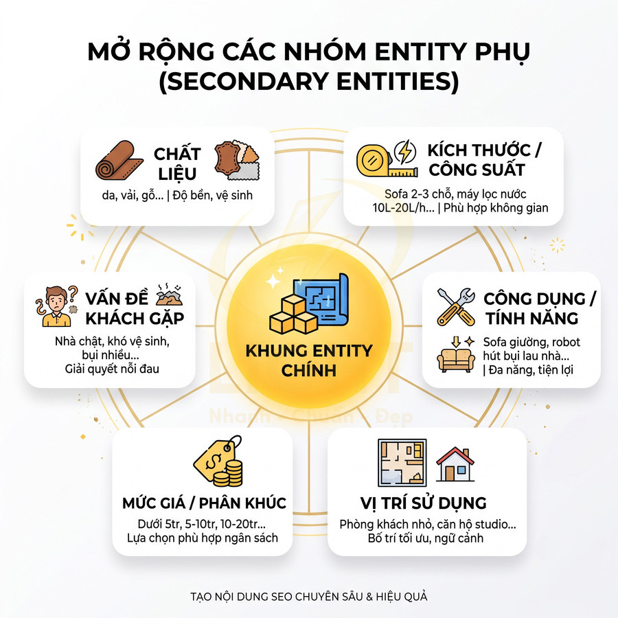 Mô hình khung entity chính và các nhóm entity phụ trong chiến lược tạo nội dung SEO