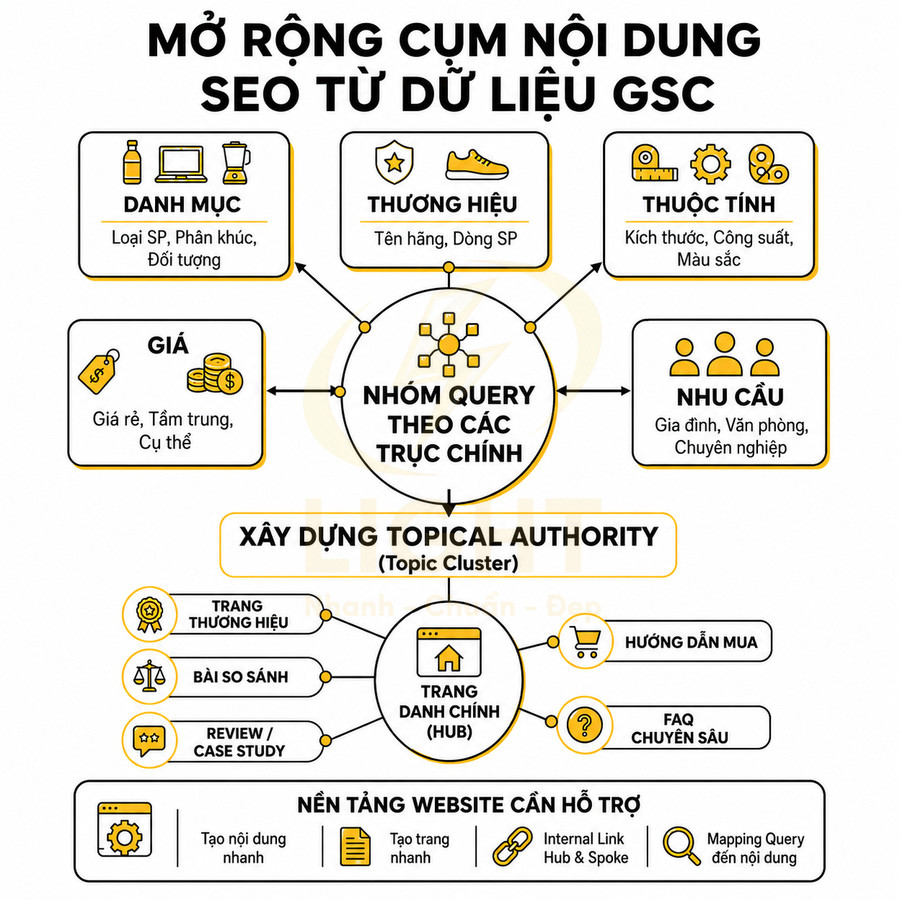 Sơ đồ mở rộng cụm nội dung SEO từ dữ liệu GSC với nhóm query và trang danh chính hub