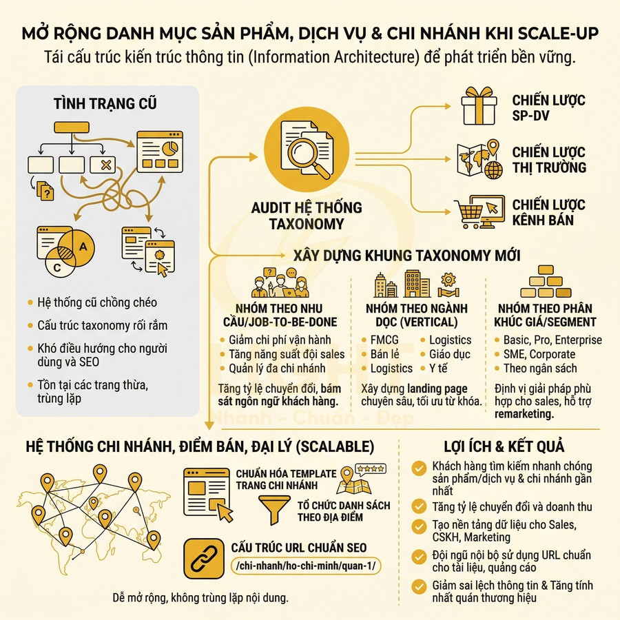 Infographic hướng dẫn audit hệ thống taxonomy và cấu trúc URL chuẩn SEO khi mở rộng danh mục sản phẩm dịch vụ chi nhánh