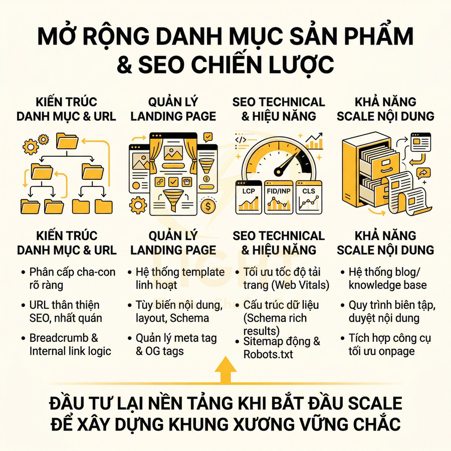 Infographic mở rộng danh mục sản phẩm và SEO chiến lược với kiến trúc URL, landing page, technical SEO, scale nội dung