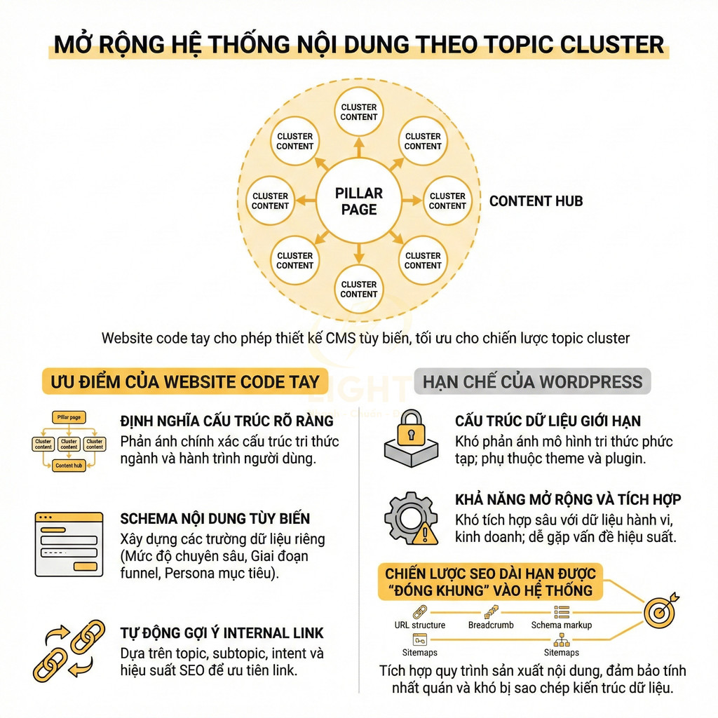 Mô hình topic cluster cho chiến lược SEO, so sánh ưu điểm website code tay và hạn chế của WordPress