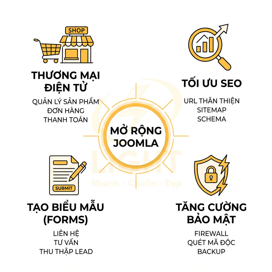 Mô tả các tiện ích mở rộng Joomla về thương mại điện tử, tối ưu SEO, tạo biểu mẫu và tăng cường bảo mật