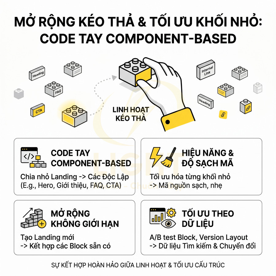 Minh họa mô hình code tay component based với các khối kéo thả linh hoạt tối ưu landing page