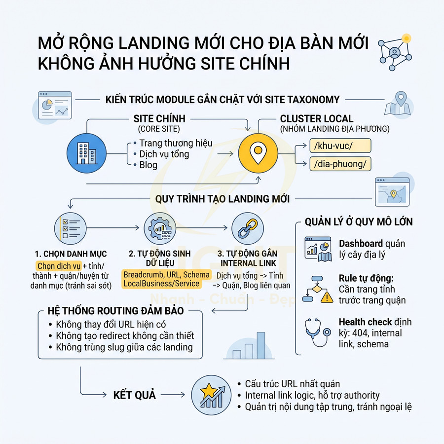 Sơ đồ quy trình mở rộng landing page địa phương mới cho website mà không ảnh hưởng site chính
