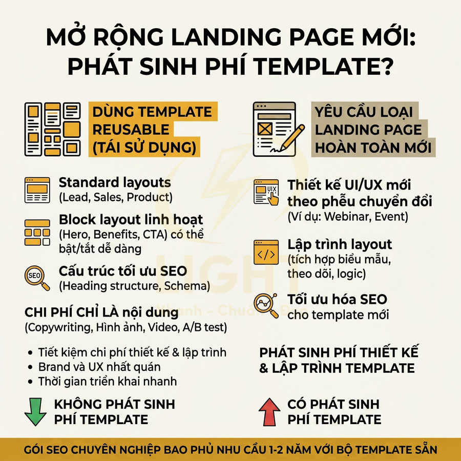 Infographic so sánh dùng template landing page tái sử dụng và thiết kế landing page mới, nêu chi phí và tối ưu SEO