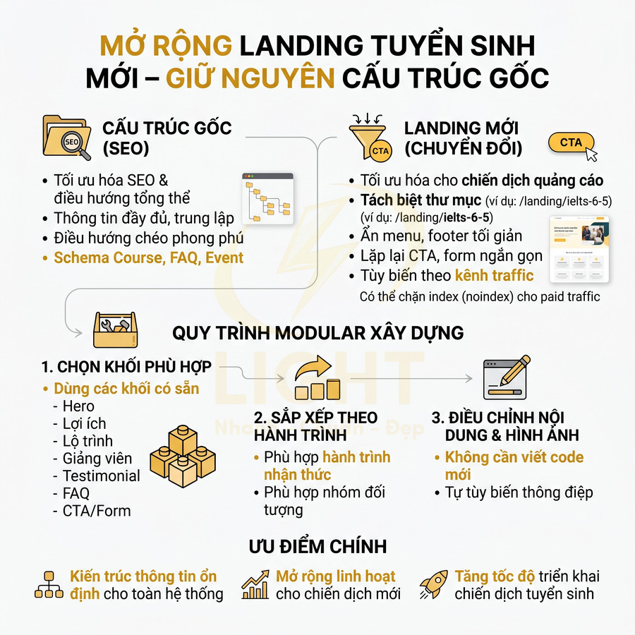 Hướng dẫn mở rộng landing page tuyển sinh mới, giữ nguyên cấu trúc SEO gốc và tối ưu chuyển đổi