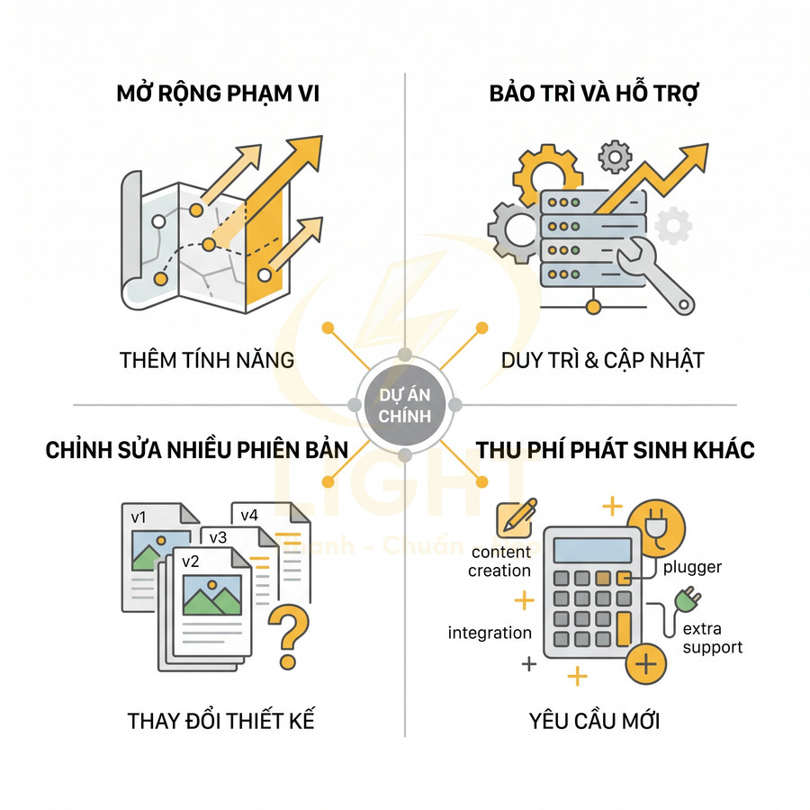 Infographic mô tả các chi phí phát sinh khi mở rộng, bảo trì và chỉnh sửa nhiều phiên bản dự án thiết kế web
