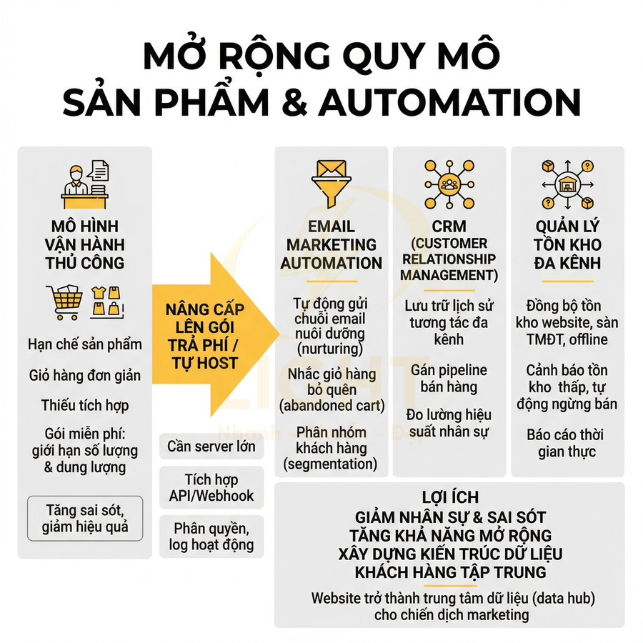Sơ đồ mở rộng quy mô sản phẩm và automation với email marketing, CRM và quản lý tồn kho đa kênh