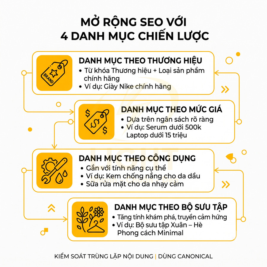 Infographic mở rộng SEO với 4 danh mục chiến lược: thương hiệu, mức giá, công dụng và bộ sưu tập