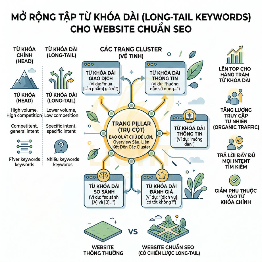 Mô hình chiến lược từ khóa dài long tail keywords cho website chuẩn SEO với trang pillar và các trang cluster