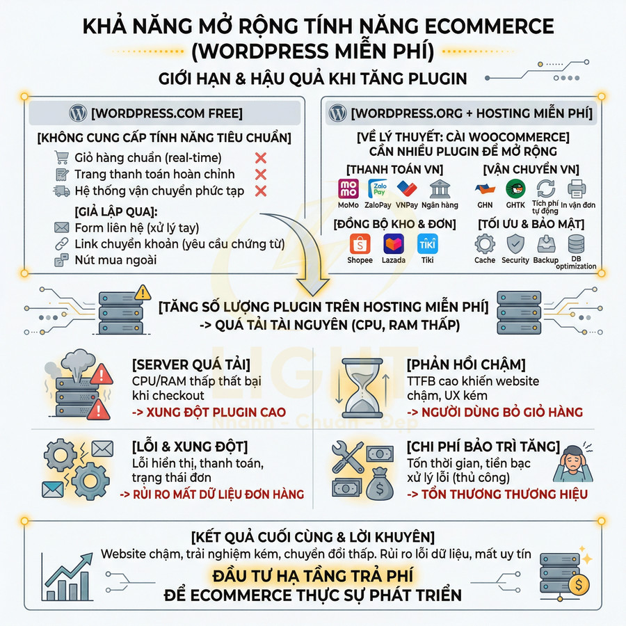 Infographic so sánh giới hạn WordPress.com miễn phí và WordPress.org khi mở rộng tính năng ecommerce bằng nhiều plugin