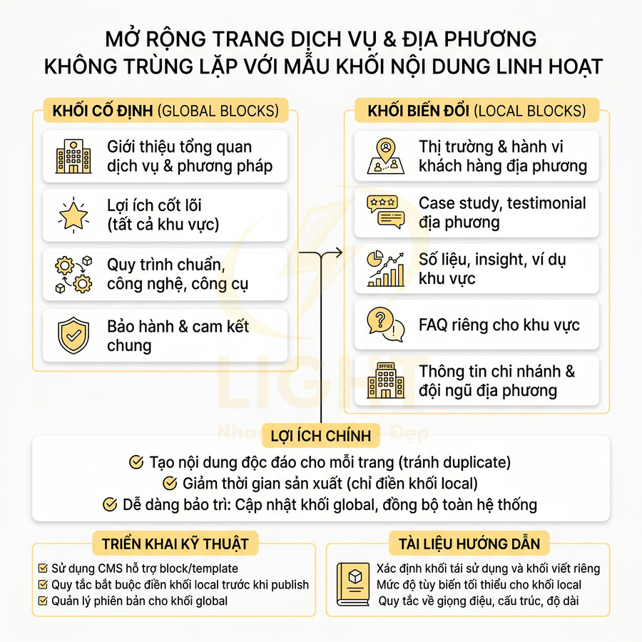 Sơ đồ khối nội dung cố định và biến đổi để mở rộng trang dịch vụ địa phương, nêu lợi ích và cách triển khai kỹ thuật