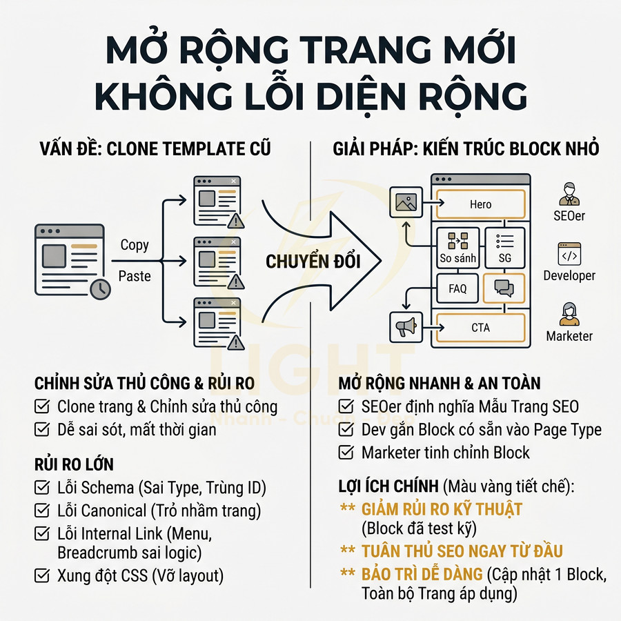 Giải pháp kiến trúc block nhỏ giúp mở rộng trang SEO nhanh, giảm rủi ro kỹ thuật và dễ bảo trì nội dung website