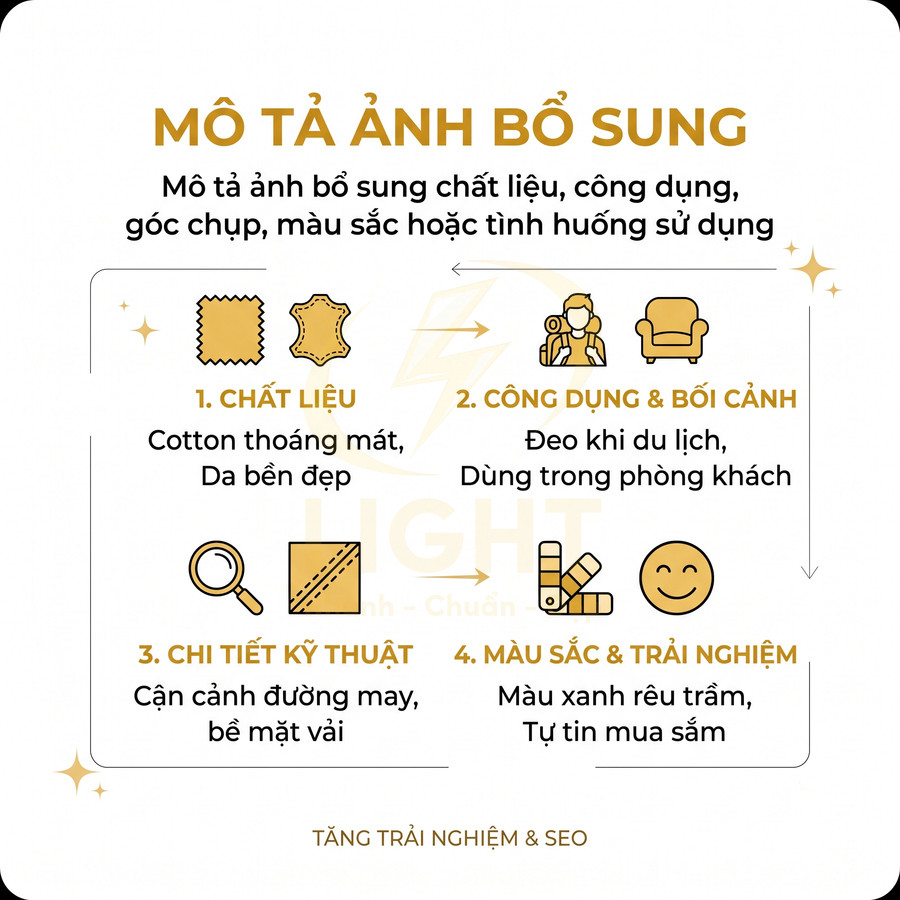 Hướng dẫn mô tả ảnh bổ sung cho sản phẩm với chất liệu, công dụng, chi tiết kỹ thuật, màu sắc và trải nghiệm mua sắm