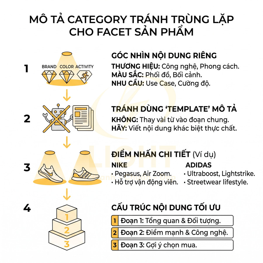 Hướng dẫn mô tả category sản phẩm tránh trùng lặp nội dung, nêu ví dụ giày Nike và Adidas