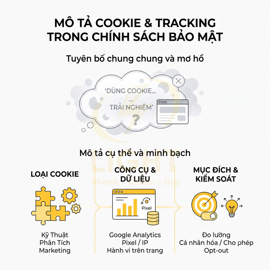 Mô tả cookie và tracking trong chính sách bảo mật với loại cookie, công cụ dữ liệu và mục đích kiểm soát