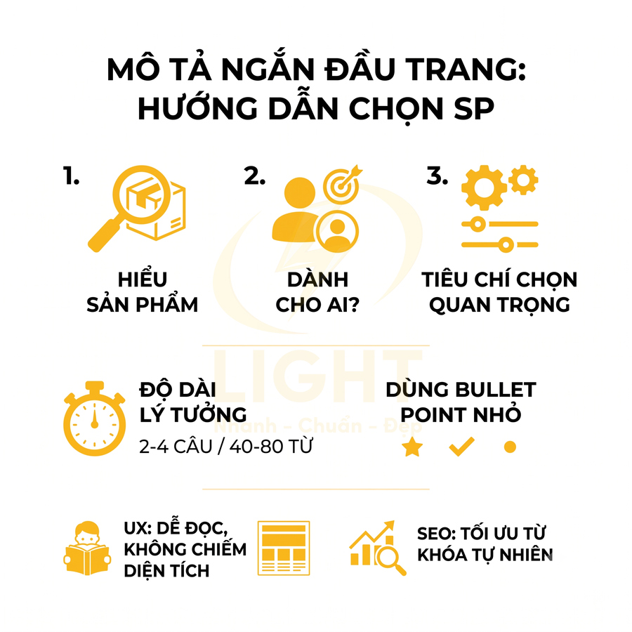 Hướng dẫn viết mô tả ngắn đầu trang khi chọn sản phẩm, nêu tiêu chí, độ dài lý tưởng và tối ưu SEO