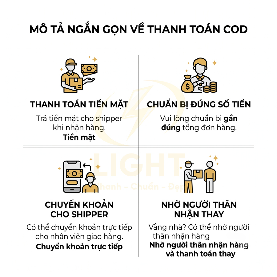 Hướng dẫn các hình thức thanh toán COD: tiền mặt, chuyển khoản cho shipper, chuẩn bị đủ tiền và nhờ người thân nhận hàng