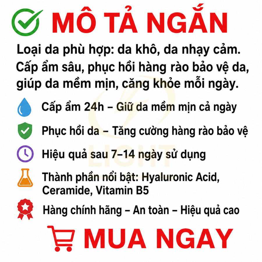 Quảng cáo kem dưỡng ẩm phục hồi da khô nhạy cảm, chứa Hyaluronic Acid, Ceramide, Vitamin B5, hiệu quả sau 7 đến 14 ngày